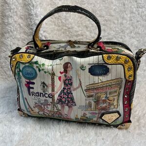 Kanu vintage multi color satchel/ shoulder bag gold tone and rhinestone accents